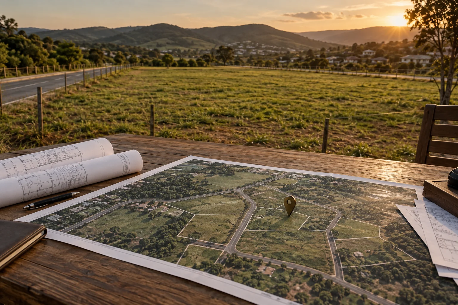 Cena ilustrativa de análise de mapa e planejamento diante de um terreno ainda sem construção