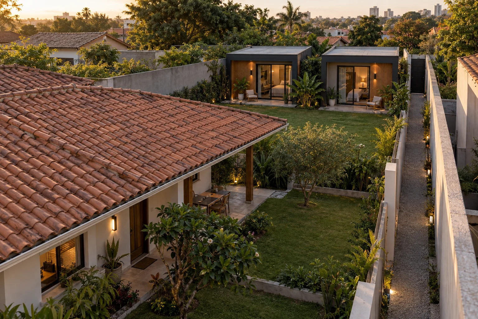 Visualização conceitual de duas suítes independentes nos fundos de uma casa existente